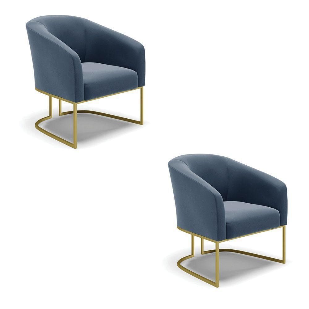 Cadeira Sala De Jantar Base Industrial Dourado Kit 2 Stella Suede D03 - D`rossi Cor Azul Marinho