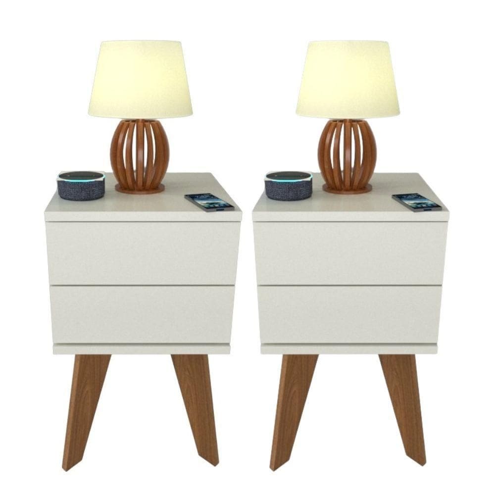 Kit 2 Mesas De Cabeceira 2 Gavetas 30 Cm Mdf Branco Com Pés Fj Decor Retrô