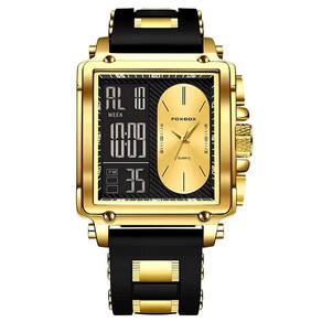 Relógio Quadrado De Quartzo Masculino Dual Display Impermeável Pulseira De Silicone Dourado