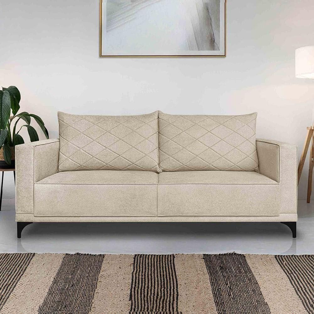 Sofá Living 2 Lugares Com Pés De Ferro Almofadas Soltas 200cm Neso Bouclê Bege