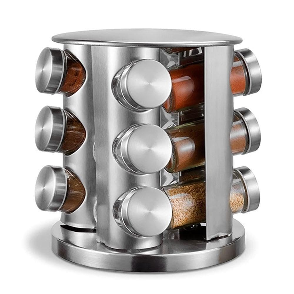 Porta Temperos Rotativo Com Base De Aço Inox E 12 Frascos De Vidro Para Cozinha