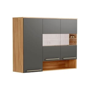 Armário De Cozinha Modulado Nápoli 3 Portas ( 2 C/ Vidros Reflecta) 120cm Amendoa/chumbo - Ronipa