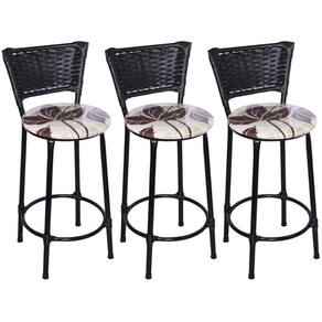 Kit 3 Banquetas Médias Preta com Encosto Junco Preto Assento Floral Marrom