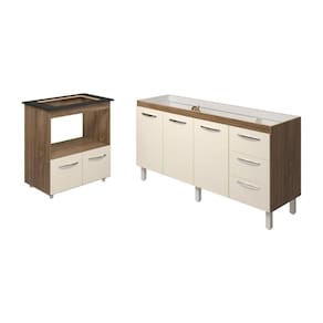 Cozinha Balcão Armário Gabinete De Pia 150 Cm Deise E Balcão Evelyn Para Fogão Cooktop 4 Bocas Savana Off White