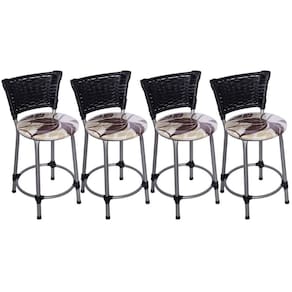 Kit 4 Banquetas Baixas Prata com Encosto Junco Preto Assento Floral Marrom