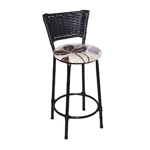 Banqueta Média Preta com Encosto Junco Preto Assento Floral Marrom