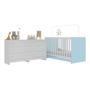 Berço 3 Em 1 Com Colchão Incluso E Cômoda Doce De Leite Multimóveis Branco Azul