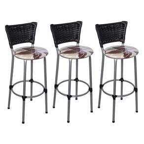 Kit 3 Banquetas Altas Prata com Encosto Junco Preto Assento Floral Marrom