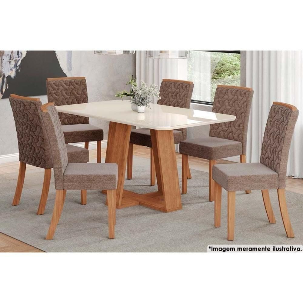 Sala De Jantar Lins com Tampo com Vidro Curvo 160x90cm E 6 Cadeiras Esther Nature cacao