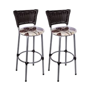 Kit 2 Banquetas Altas Prata com Encosto Junco Argila Assento Floral Marrom
