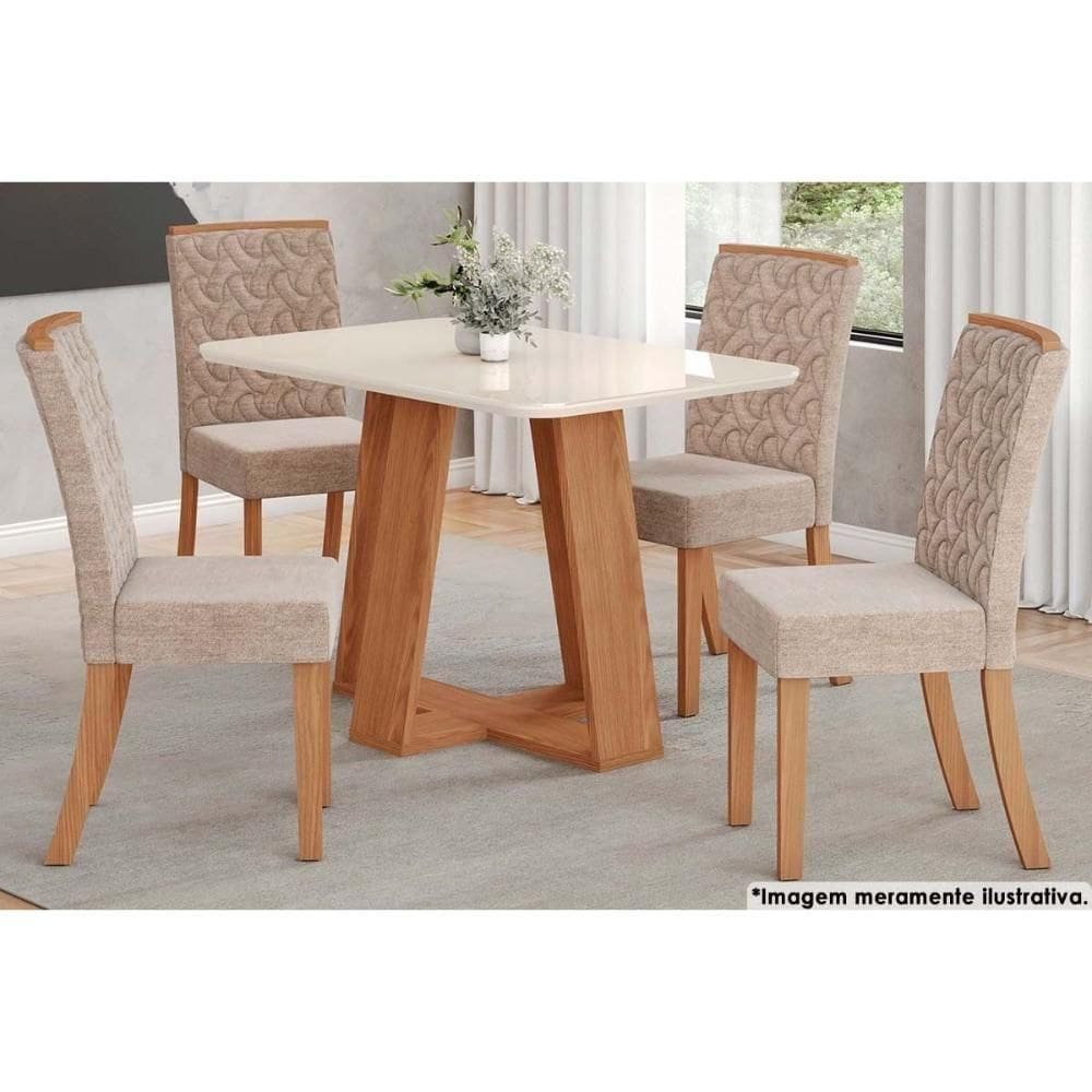 Sala De Jantar Lins com Tampo com Vidro Curvo 120x80cm E 4 Cadeiras Esther Nature creme