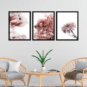 Kit 3 Quadros Fotos Flores Tons Rosê 45X34Cm - Com Vidro