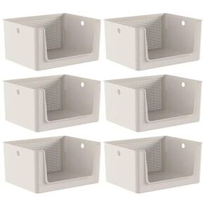 6 Caixas Organizadoras Flow 16L Cestos Bege Abertura Frontal Banheiro Lavanderia Escritório