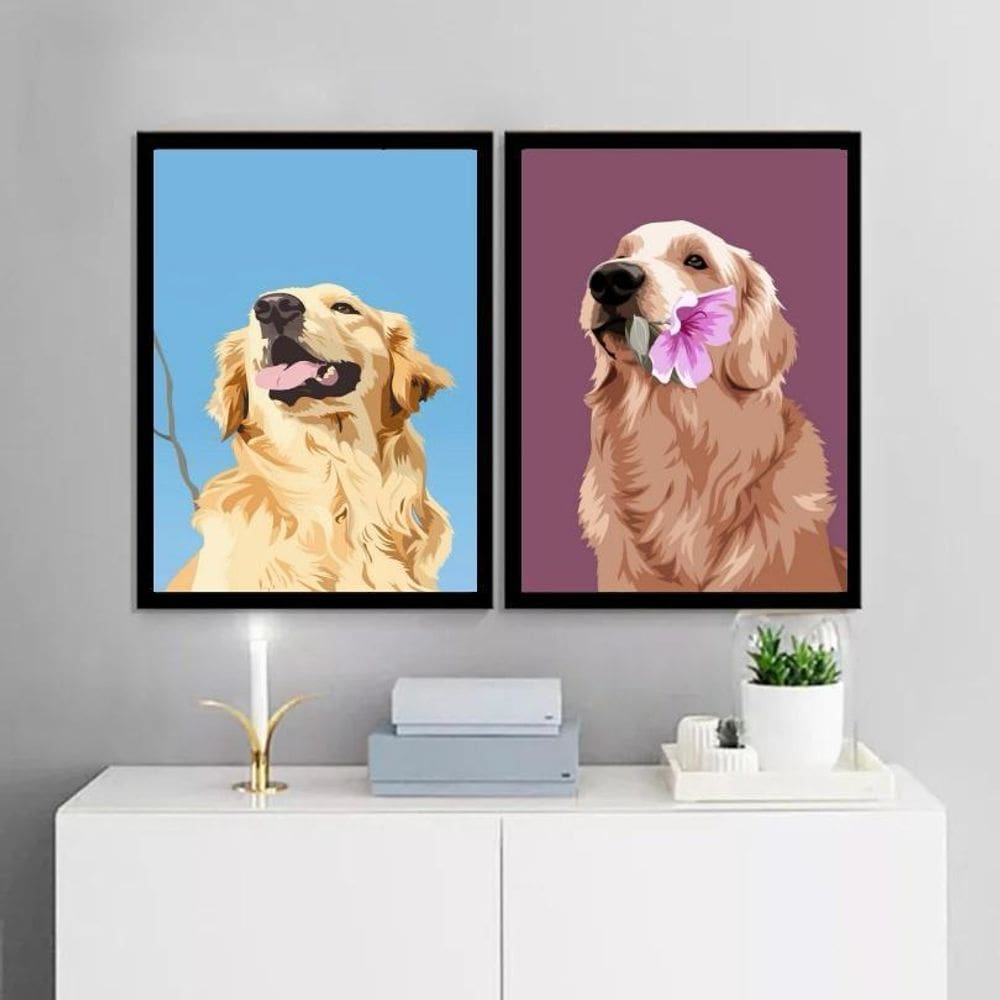 Kit 2 Quadros Artes Golden Retriever 33X24Cm - Com Vidro