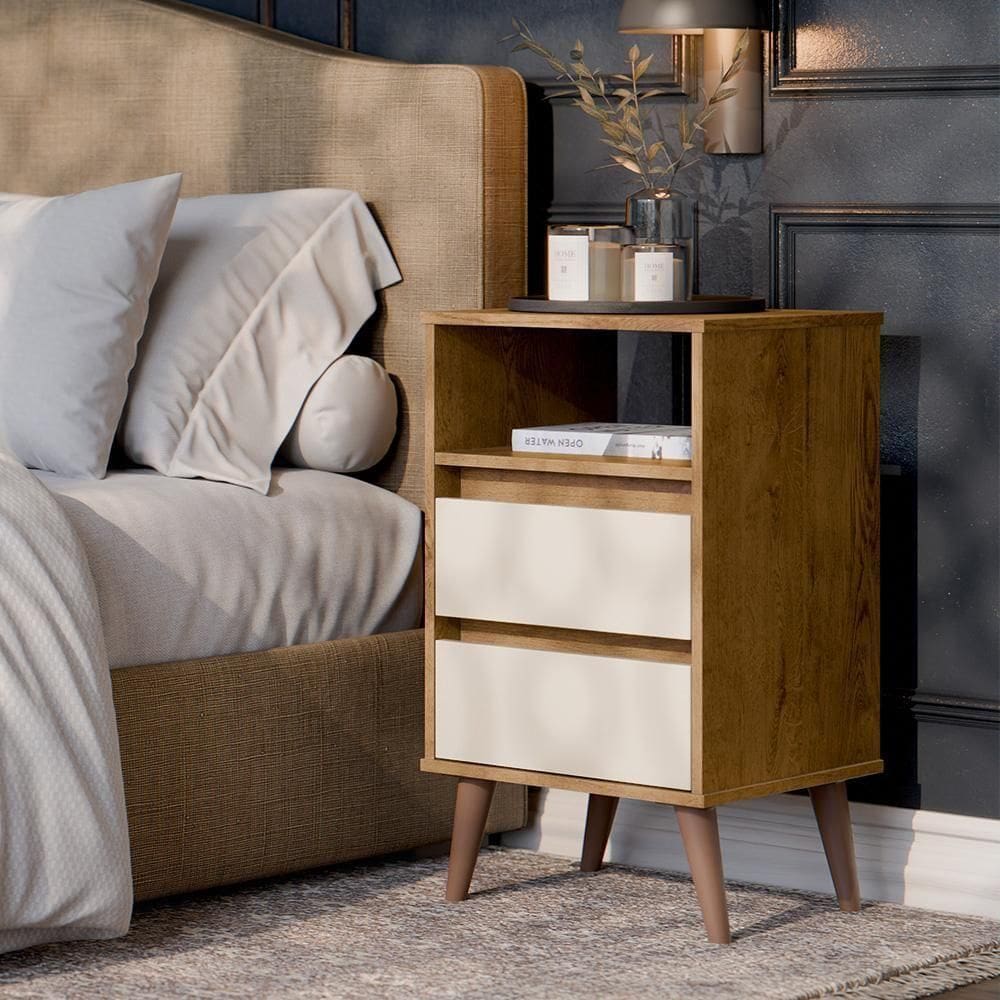 Kit 2 Mesa De Cabeceira Roma Quarto Com 2 Gavetas Freijo/off White