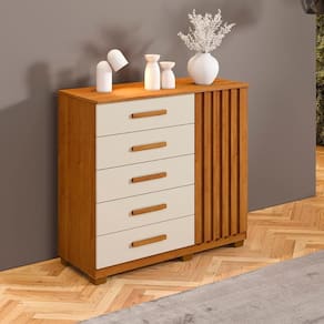 Comoda Orion Quarto Com 5 Gavetas E 1 Porta Ripada Cinamomo/off White