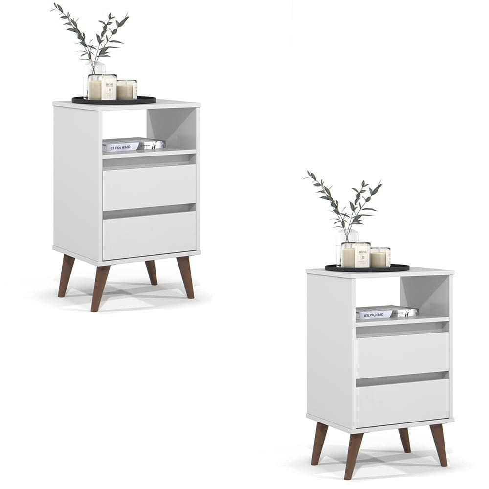 Kit 2 Mesa De Cabeceira Roma Quarto Com 2 Gavetas Branco