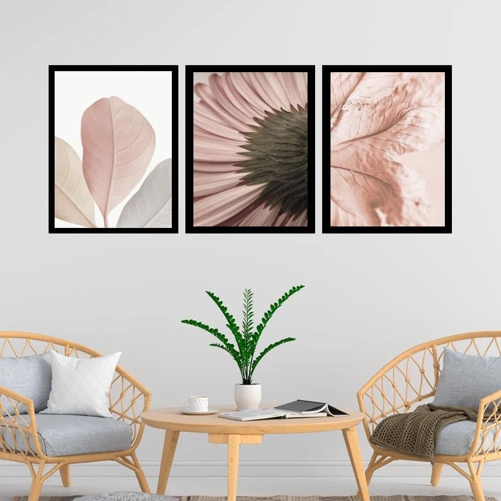 Kit 3 Quadros Fotos Modernas Flores Rosê 33X24Cm - Com Vidro