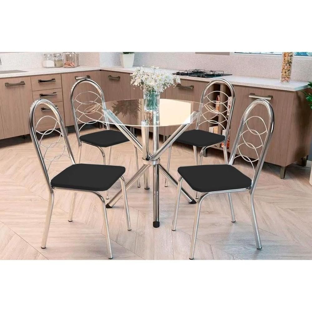Sala de Jantar Completa Volga c/ Tampo de Vidro 95x95cm e 4 Cadeiras Holanda Cromada - Preto - Kappesberg