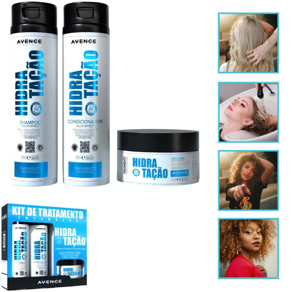 Kit Shampoo + Condicionador + Máscara 300gr Hidratação Salão Casa Cabelos Lisos Cachos Professional
