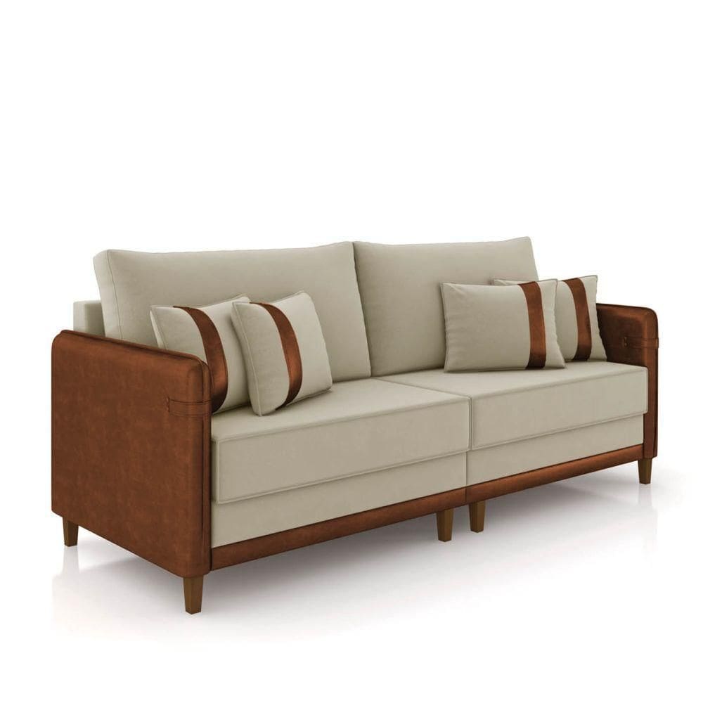 Sofá 3 Lugares Living 212cm Pé Madeira Valença Marrom/veludo Bege K01 - D\`rossi