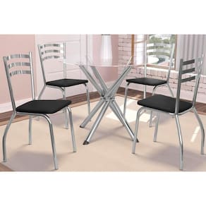 Sala de Jantar Completa Volga c/ Tampo de Vidro 95x95cm e 4 Cadeiras Noruega Cromada - Preto - Kappesberg