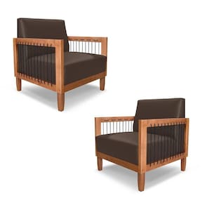 Kit 2 Poltronas Sala De Estar Pés Madeira Maciça Corda Náutica Preta 75cm Manila Pu Marrom