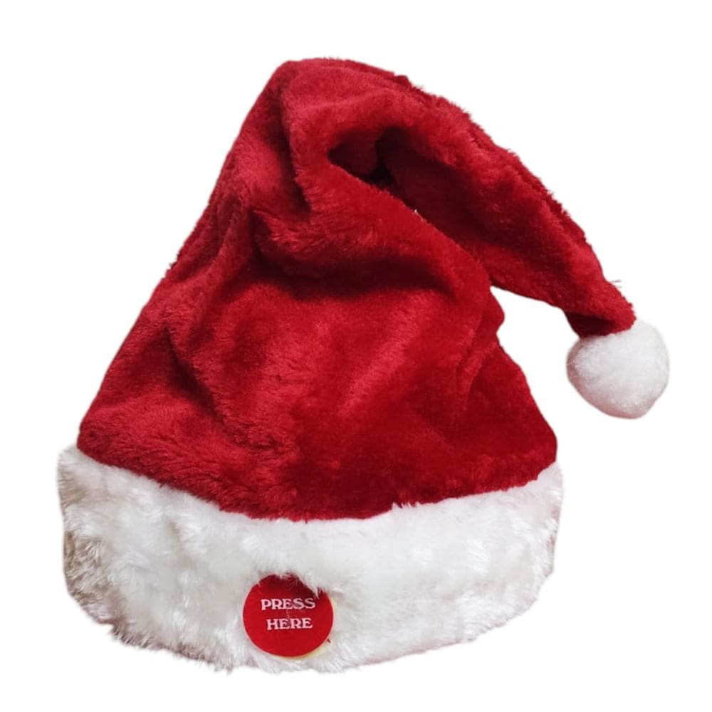 Gorro Natal Musical Movimenta Toca Musica Luxo Natalino Enfeite Presente Fantasia Papai Noel Bone Chapeu