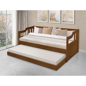 Sofa Cama Solteiro de Madeira com Cama Auxiliar com 2 Colchões - Castanho