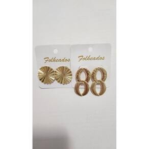 2 Pares Brincos Dourado Leque Circular Oito Estilizado 18K