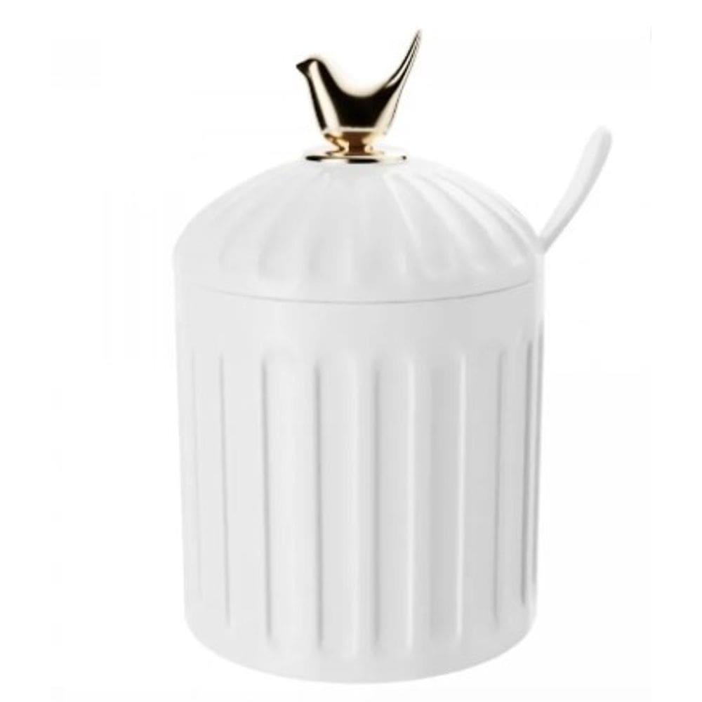 Açucareiro de Cerâmica Colibri Com Colher e Tampa Branco