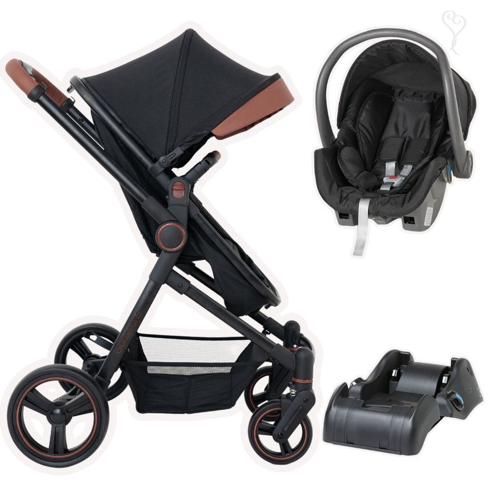 Carrinho Moises Ivy Preto e Caramelo com Bebe Conforto Cocoon e Base - Galzerano