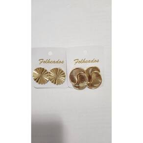 2 Pares Brincos Dourados Leque Circular Caracol Frisado 18K