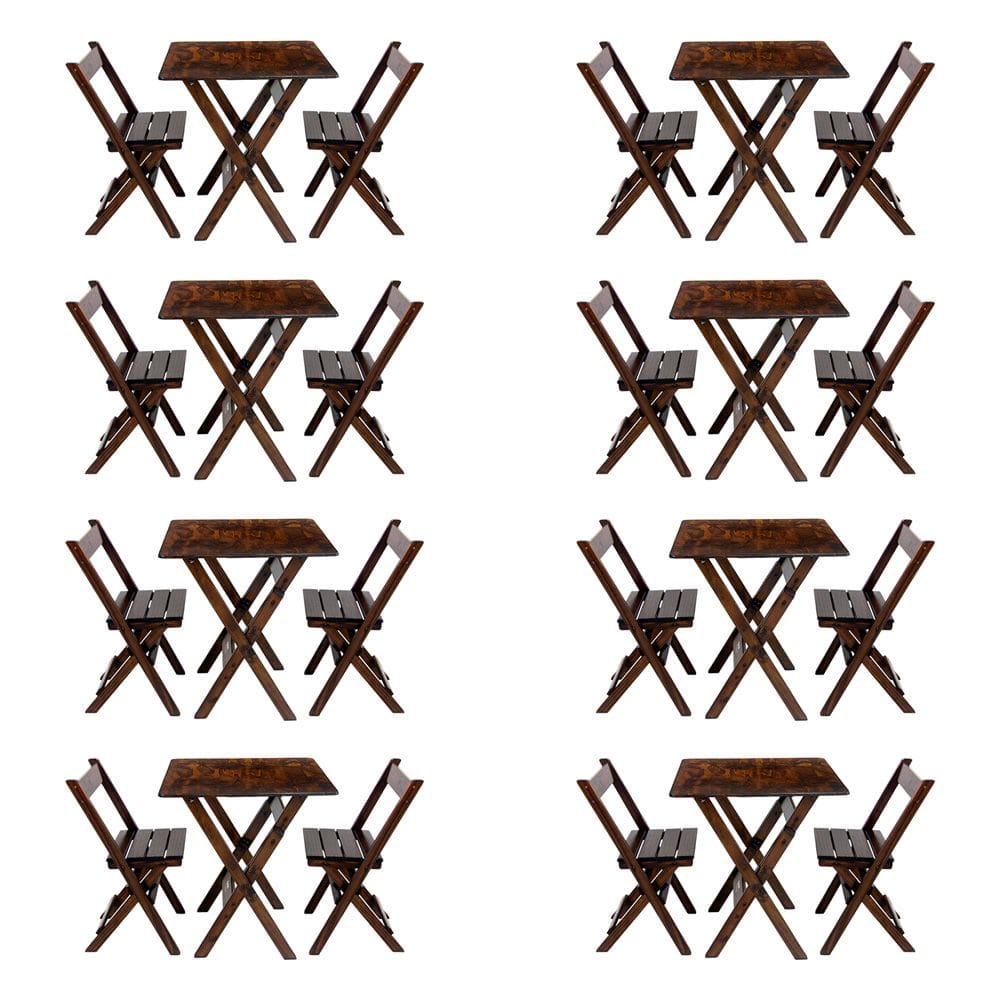 Kit 8 Conjuntos Mesa Dobrável Para Bar E Restaurante 60x60cm Com 2 Cadeiras Em Madeira Maciça - Imbu