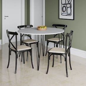 Mesa Com 4 Cadeiras Katrina Preta Elen Hairpin 110cm Jantar Branca Com Ferro Preto