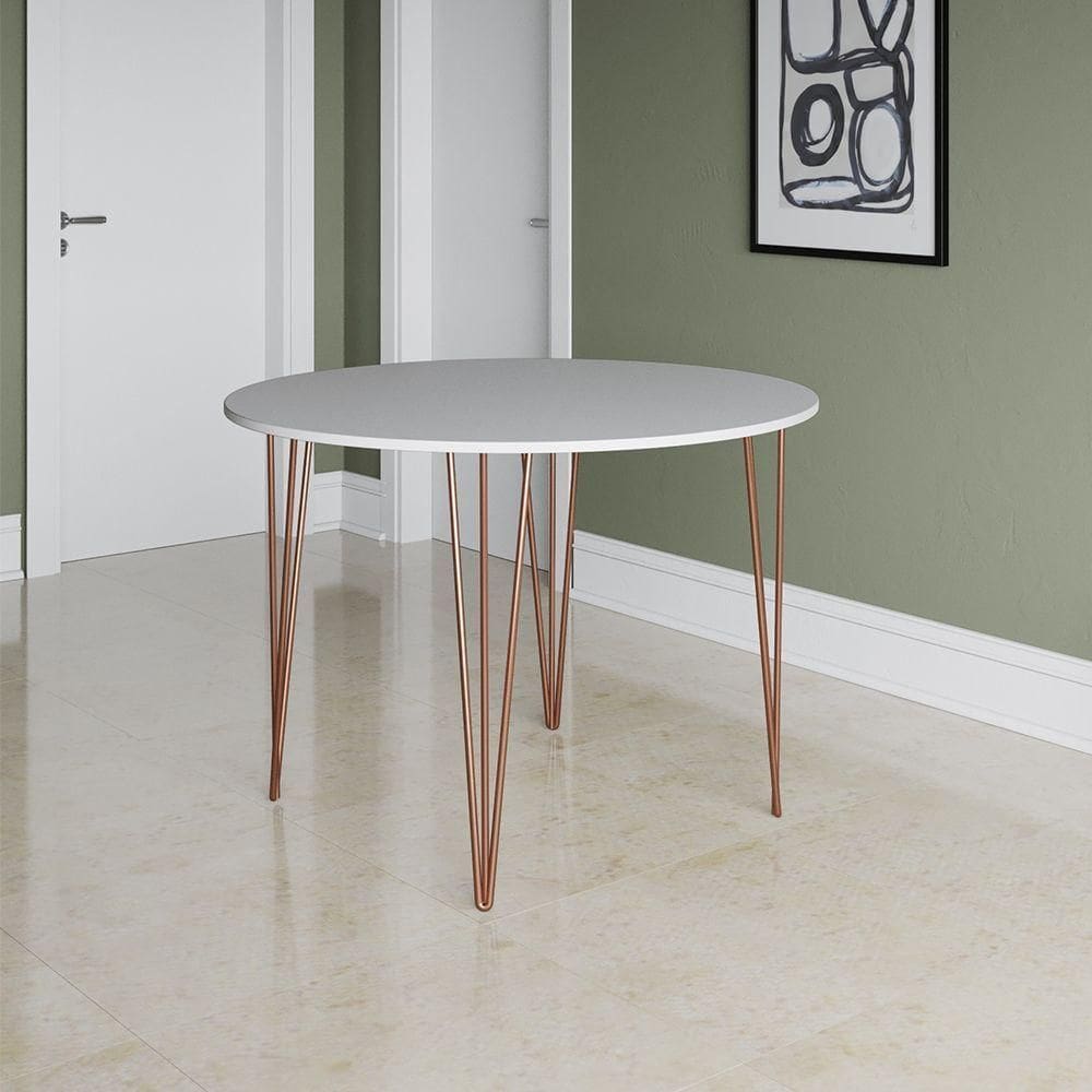 Mesa Jantar Redonda Branca Hairpin 90cm Elen Base Cobre Branco
