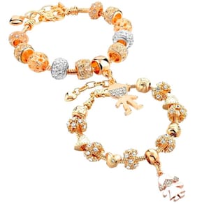 2 Pulseiras Berloque Banhado a Ouro 18k Bracelete Ajustável Cravejado Pingente Menino e Menina