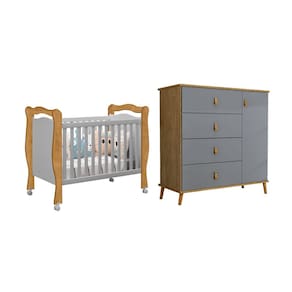 Conjunto Comoda Jujuba e Berço Mini Cama Alvin em Mdf Nature / Cinza