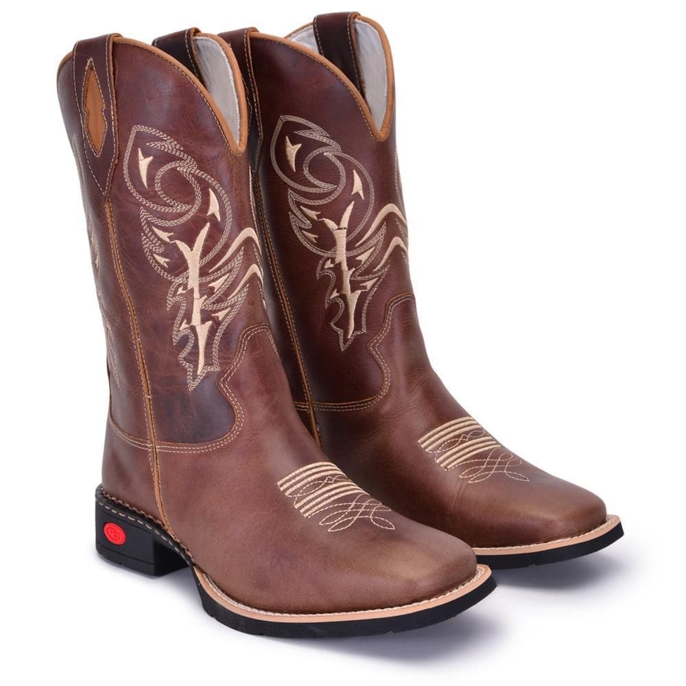Bota Texana Masculina Couro Country Bordada Bico Quadrado