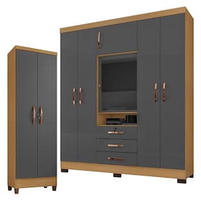 Guarda Roupa Casal Imperial com Armário Multiuso Egito Carvalho Americano Grafite - Incorplac