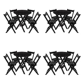 Kit 4 Conjuntos Mesa Redondo 70cm Dobrável Com 4 Cadeiras Em Madeira Maciça - Preto