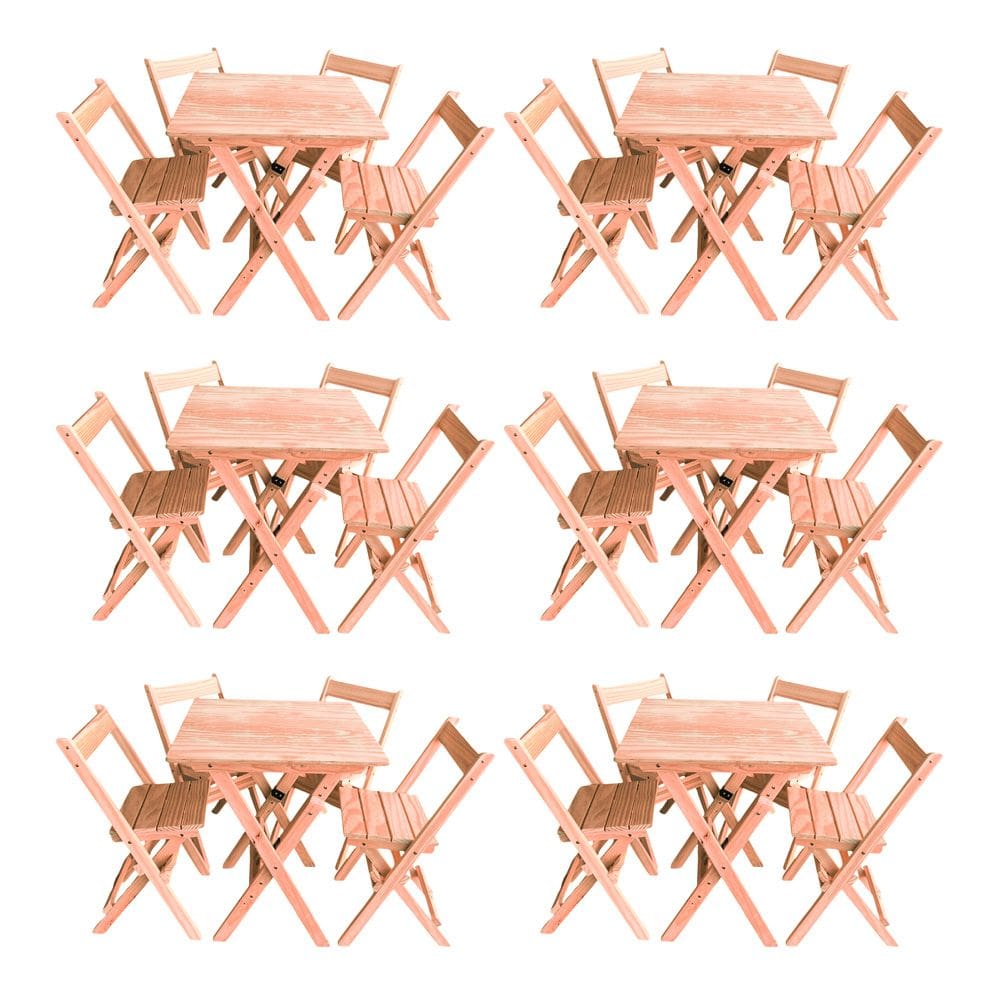 Kit 6 Conjuntos Mesa Dobrável 60x60cm Com 4 Cadeiras Em Madeira Maciça - Cru