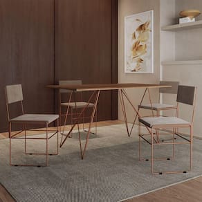 Mesa Jantar Industrial Trama 1,40x0,80m Amêndoa Com 4 Cadeiras Estofadas Vitória Bege E Cobre Marrom