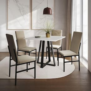 Conjunto De Jantar Mesa Mônaco Premium 90cm Branca Com 4 Cadeiras Estofadas Bege Preto