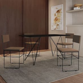 Mesa Jantar Industrial Trama 1,40x0,80m Preta Com 4 Cadeiras Estofadas Vitória Marrom E Preta Marrom