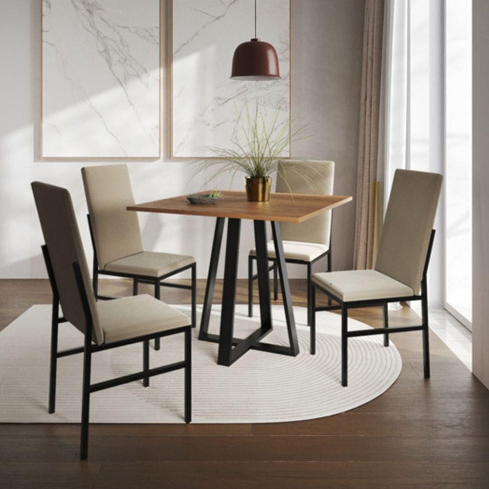 Conjunto De Jantar Mesa Mônaco Premium 90cm Imbuia Com 4 Cadeiras Estofadas Bege Preto