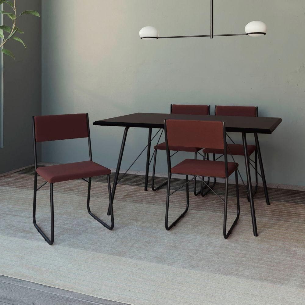 Mesa Jantar Paraty 137cm Tampo Preto Com 4 Cadeiras Angra Estofadas Preta E Marrom Preto