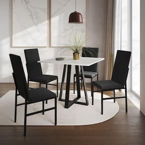 Conjunto De Jantar Mesa Mônaco Premium 90cm Branca Com 4 Cadeiras Estofadas Pretas Preto