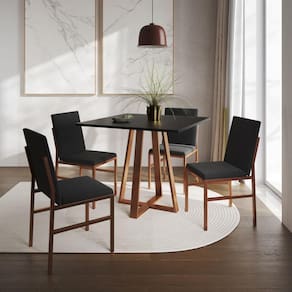 Conjunto De Jantar Mesa Mônaco 90cm Tampo Preto Com 4 Cadeiras Pretas Base Cobre Preto