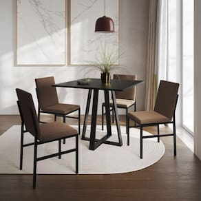 Conjunto De Jantar Mesa Mônaco 90cm Tampo Preto Com 4 Cadeiras Estofadas Marrom Preto